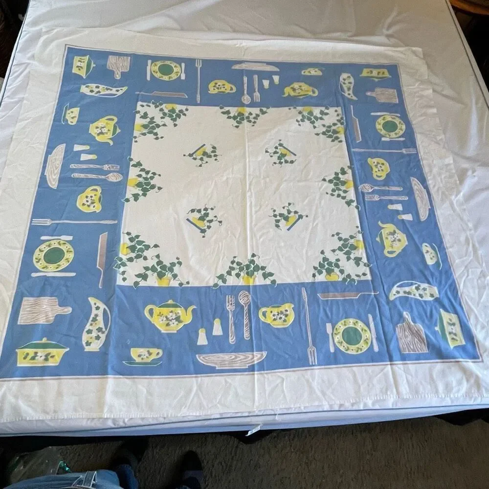 VTG Blue Yellow Kitchen Tablecloth 44x58 Teapot Ivy Border Retro MCM Cotton